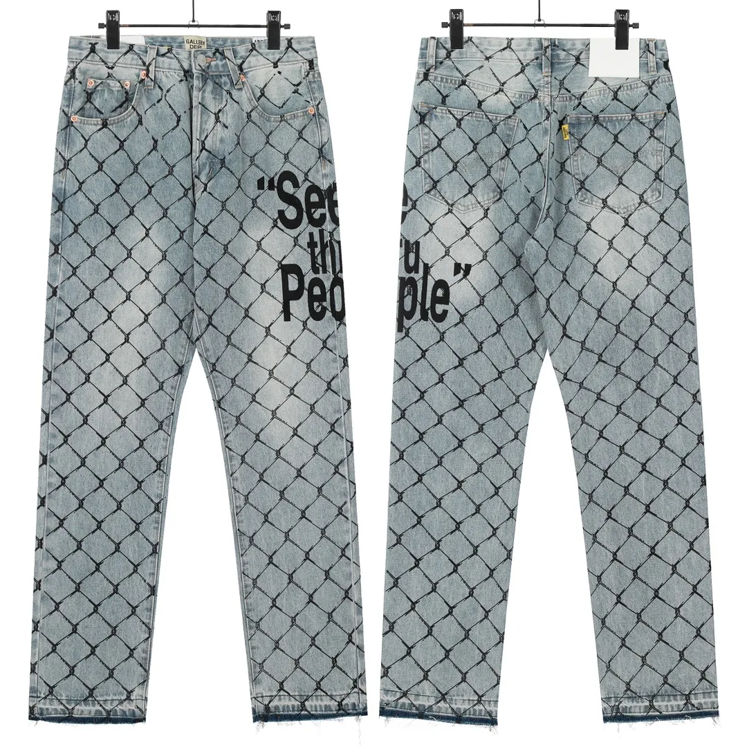 #8114 P240💰 GALLERY DEPT. Barbed wire letter printed denim washed and distressed spliced jeans - Original purchase and pattern making to truly restore the ultimate vintage texture - Original hardware accessories, washed and other elevators, QR code analysis are all purchased from the original factory, high degree of restoration, you are welcome to compare with a certain product~ - Three-dimensional version Loose and comfortable, not picky about the figure, taller and slimmer, factory Seiko, original factory quality control, same style for men and women, can be matched with couples, versatile recommendation Essential jeans for all seasons Color: Blue Size: S-XXL (28-36)